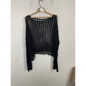 SHEIN Womens Black Open Knit Crochet Sheer Mesh Boxy Crop Sweater Large L